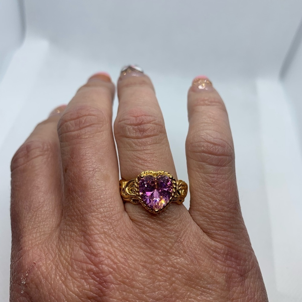 Pink Lab Created Diamond Heart Shaped Gold Plated Stainless Steel Ring Size 8